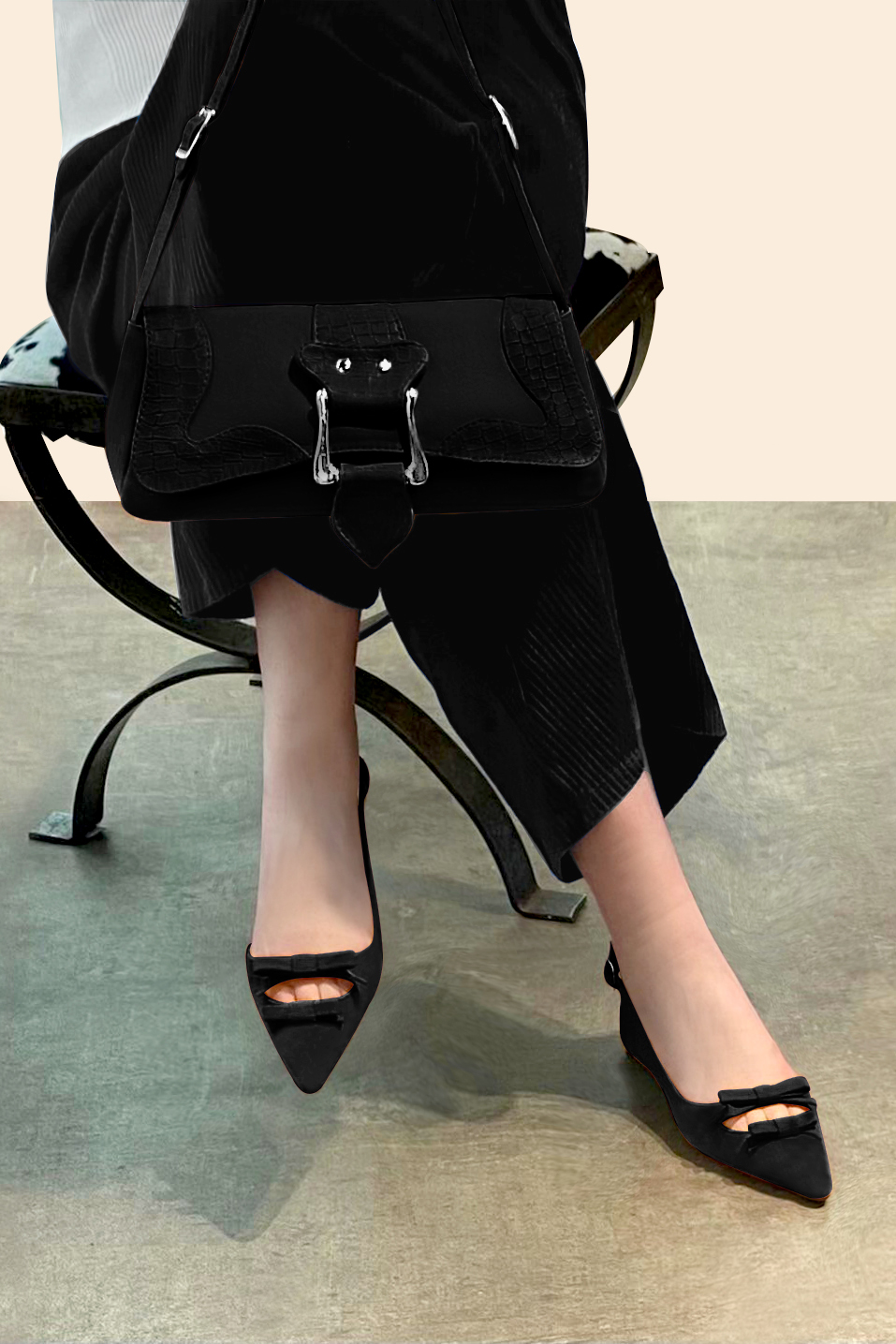 Satin black women's dress handbag, matching pumps and belts. Worn view - Florence KOOIJMAN